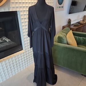 A.L.C. Black Tiered Maxi Dress | Deep V-Neck, Long Sleeve, Lined | Size 10
